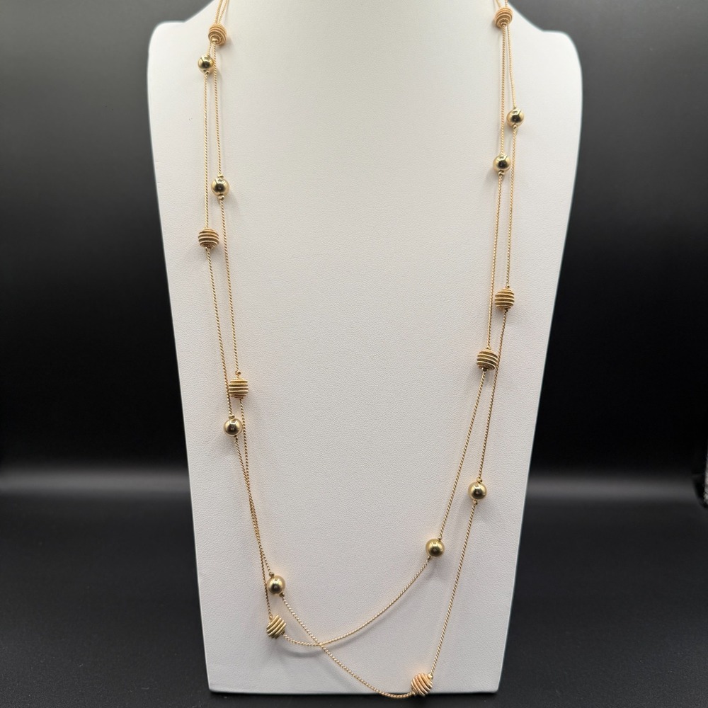Gold Tone Double Strand Beaded Chain Necklace Vintage Long Layering 35in Glamour